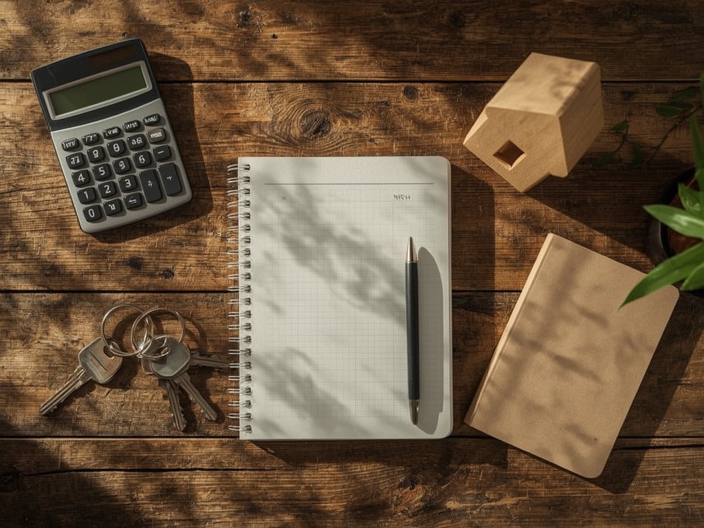 Calculator, notebook, house keys, and a small house model on a wooden desk
