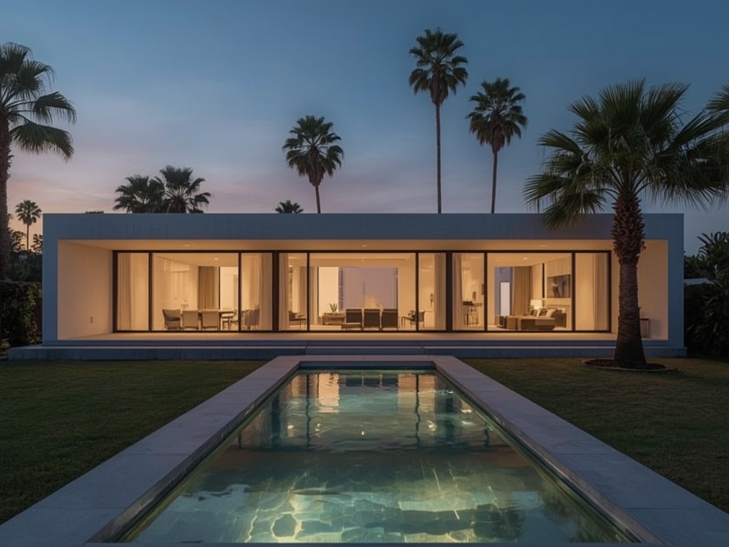 Modern vacation rental home exterior at dusk with pool and warm lighting